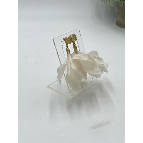 Gold Tone Ivory Fabric Tulip Drop Rhinestone Dangle Flowing Earrings - Picture 6 of 10